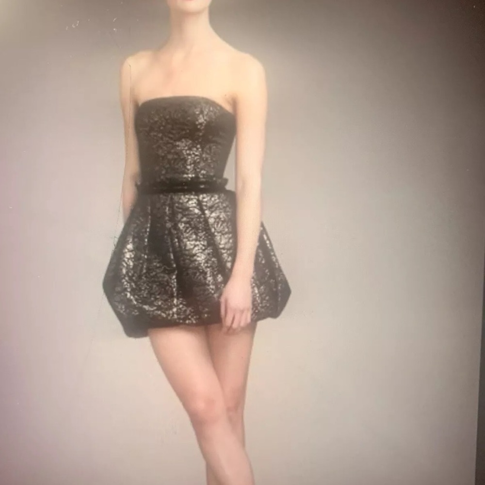 Rachel Zoe Strapless Black and Gold Metallic Bubble Hem Pleated Dress Size 8